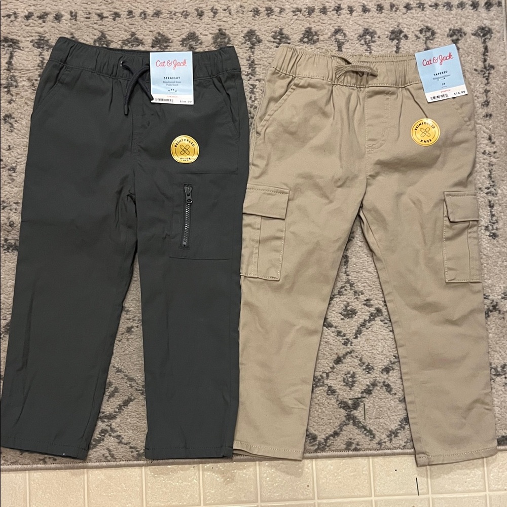NWT 2 pair Cat & Jack Kids Pants - Gray and Tan with Reinforced Knees